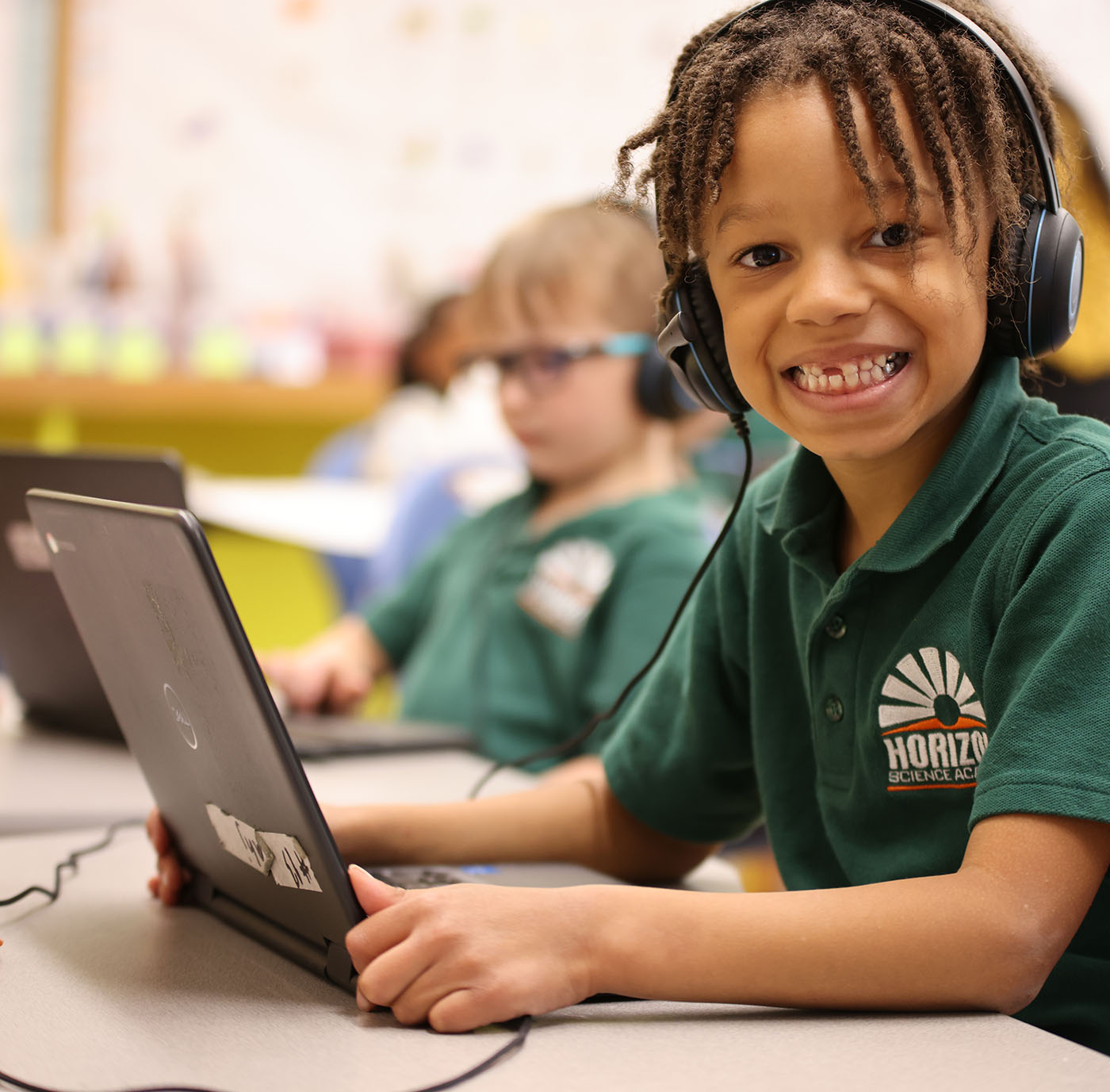 Horizon Science Academy Davenport student working on a computer in the classroom